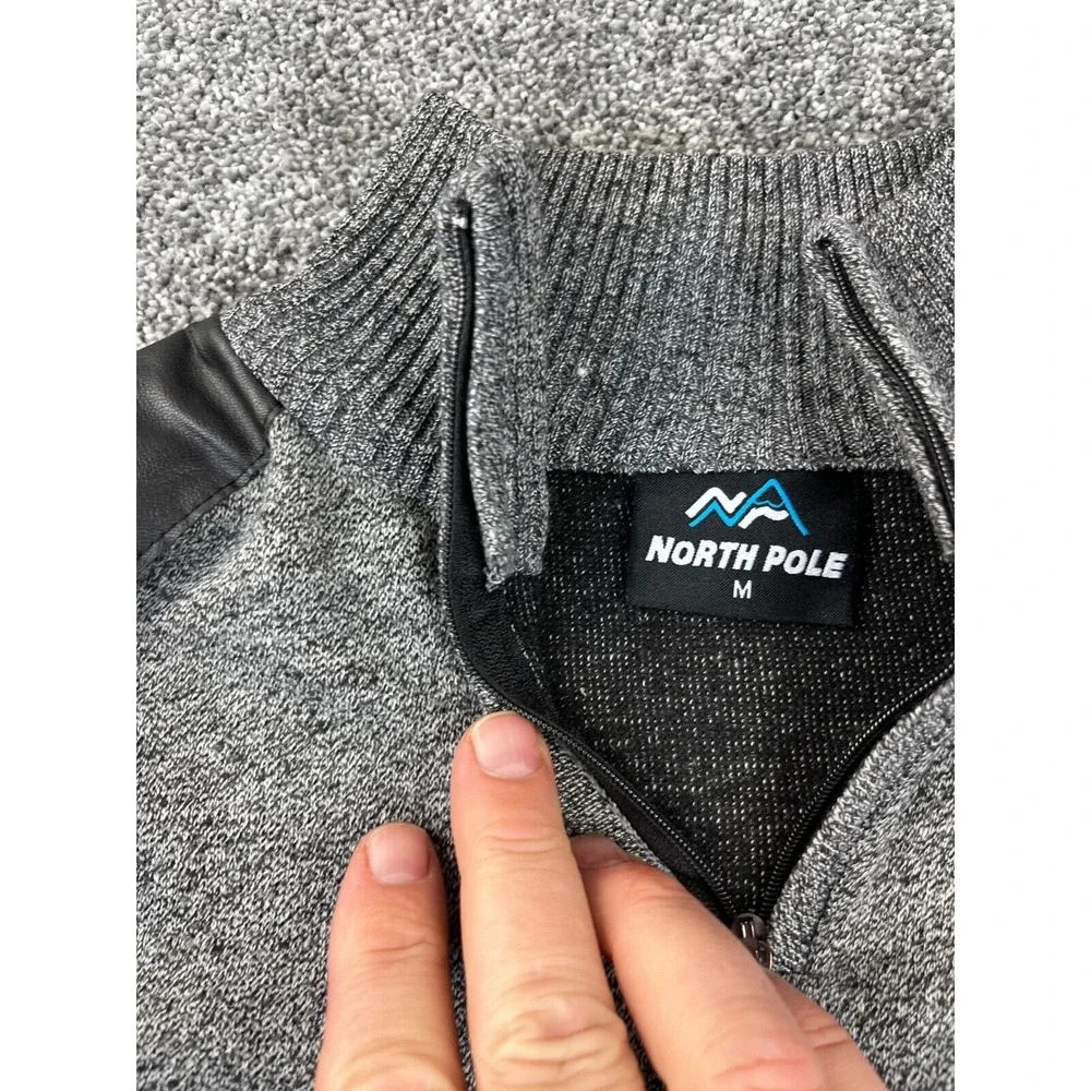 North Pole Sweater Mens M Quarter Zip Knit Gray/Black Suede Shoulder Pullover - Picture 6 of 9